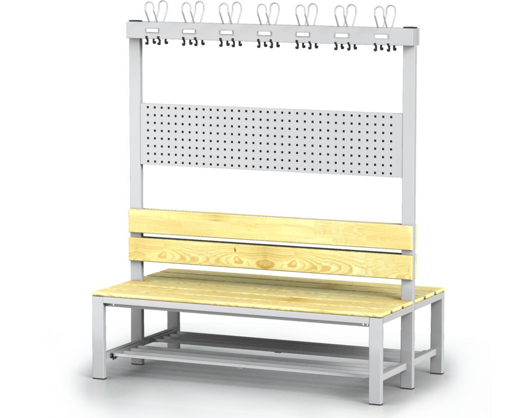 Oboustranná lavice s opěradlem a věšáky, smrkové latě - se sklopným roštem 1800 x 1500 x 830